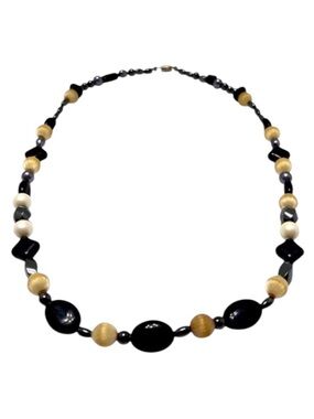 Handmade Hematite, Silk and Black Beaded Necklace. 24” long 12” when clasped